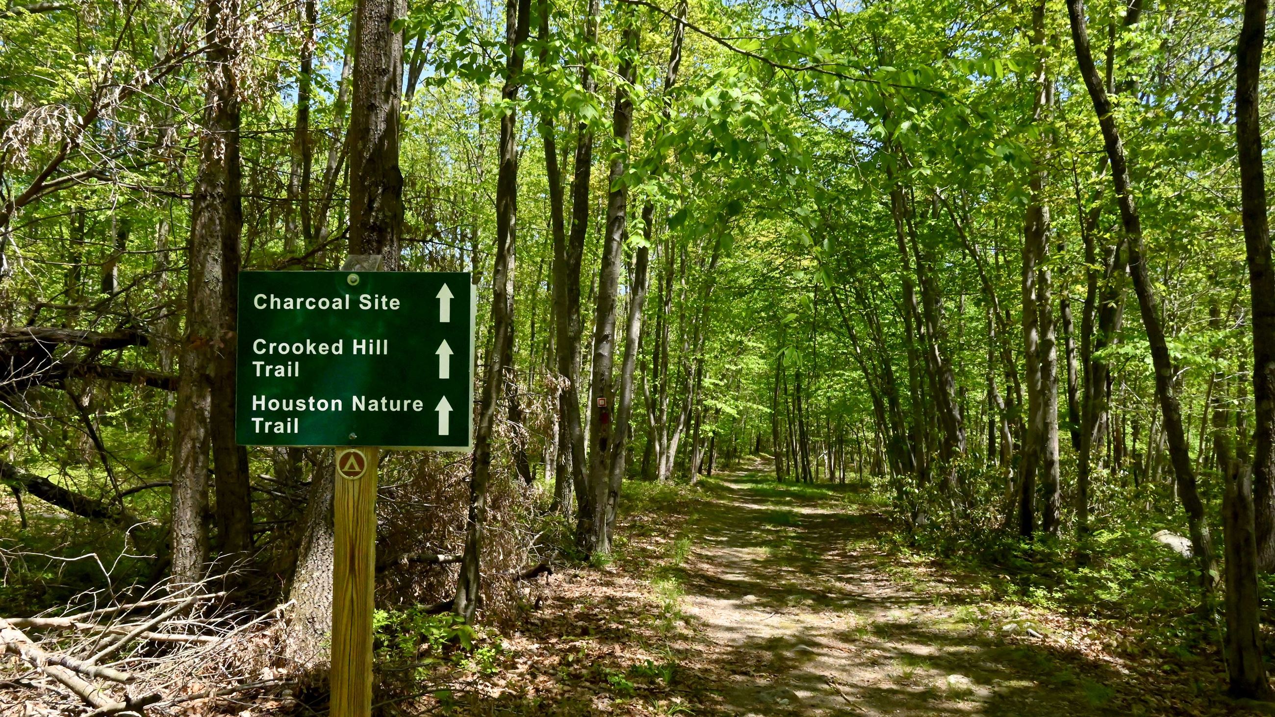 Trail sign at Rockland Preserve to Charcoal Site, Crooked Hill Trail and Houston Nature Trail